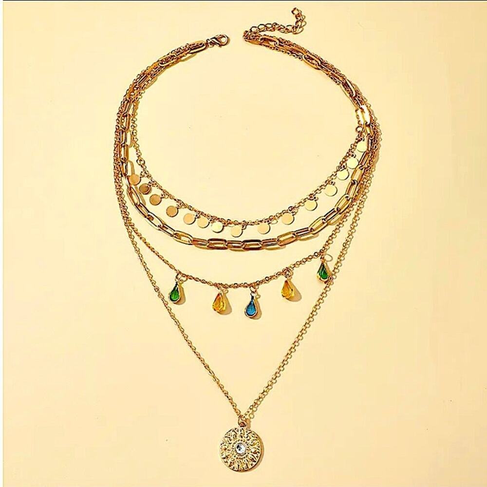 Gold Multilayer Boho Gemstone Drop Sun Paperclip Disk Necklace - Picture 6 of 6
